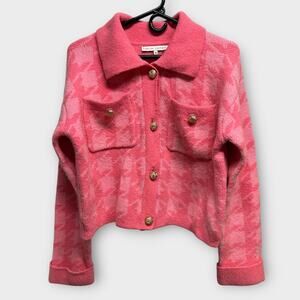 English Factory Pink Knit Jacket Gold Buttons Women’s Medium Cropped W06